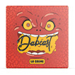 A red textured square box features a cartoonish face with wide yellow eyes and an open mouth holding a yellow cheese-like shape with the word "Dabeast" written on it and a small label below reading "La Creme."

Description generated by AI