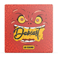 A red textured square box features a cartoonish face with wide yellow eyes and an open mouth holding a yellow cheese-like shape with the word "Dabeast" written on it and a small label below reading "La Creme."

Description generated by AI