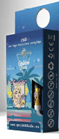 A colorful packaging box for a CBD vape distillate cartridge features a tropical sunset background with palm trees, a stylized illustration of a person holding a flower, and the brand name Golden Buds.

Description generated by AI