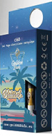 A blue and purple box with palm tree silhouettes contains a 1ml CBD vape distillate cartridge labeled Golden Buds Natural with a website link at the bottom.

Description generated by AI