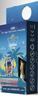 A blue and black box with a cutout window displays a 1ml CBD vape distillate cartridge branded Golden Buds with tropical and sunset-themed graphics and various certification symbols on the side.

Description generated by AI