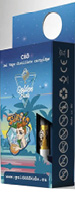 A blue and purple box with a tropical sunset design contains a vape distillate cartridge labeled Golden Buds with a cartoon person holding a drink on the front.

Description generated by AI