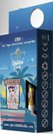 A blue and purple box with a cutout window showing a vape cartridge labeled Golden Buds CBD with a stylized illustration of a person and a website URL on the front.

Description generated by AI